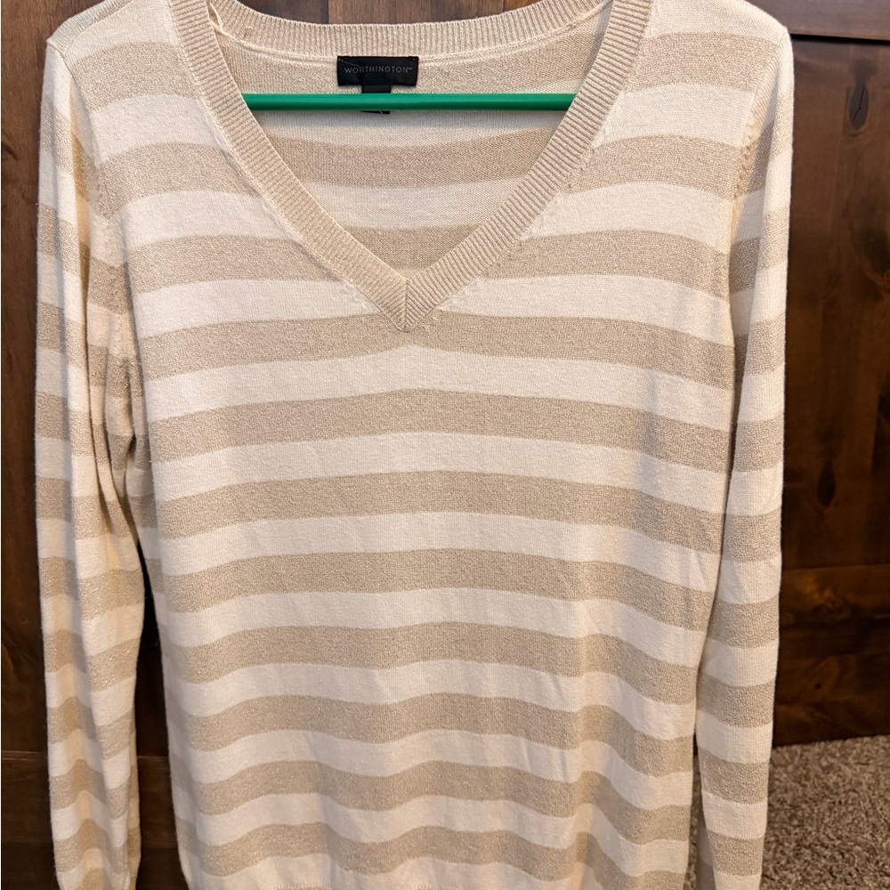Worthington Cream and Beige Striped V-Neck Pullover